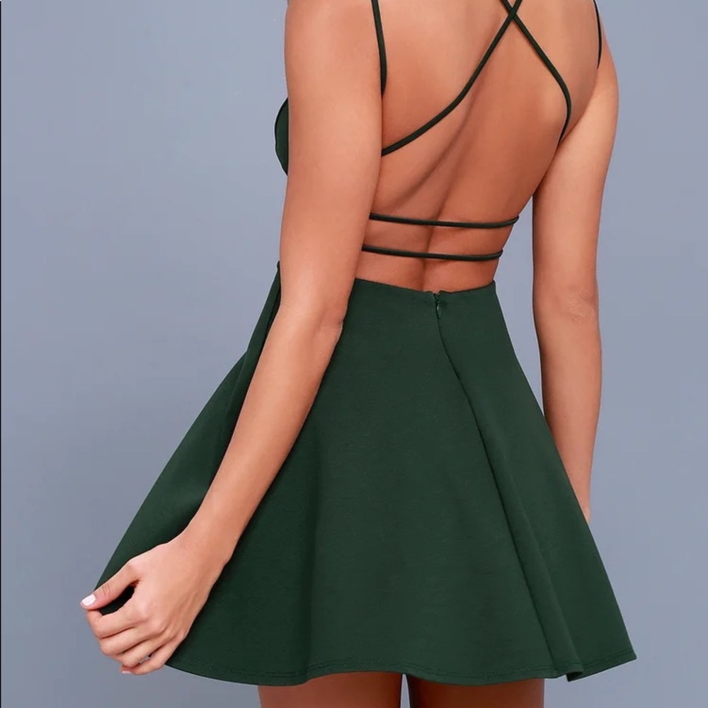 Lulu’s Believe in Love Forest Green Backless Skater Dress